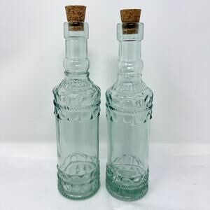 Vintage Green Glass Oil Vinegar Bottles w/ Cork Stoppers Made in Spain Set of 2
